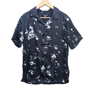 D&F Denim & Flower Mens Black & White‎ Floral Button Down Short Sleeve Shirt L